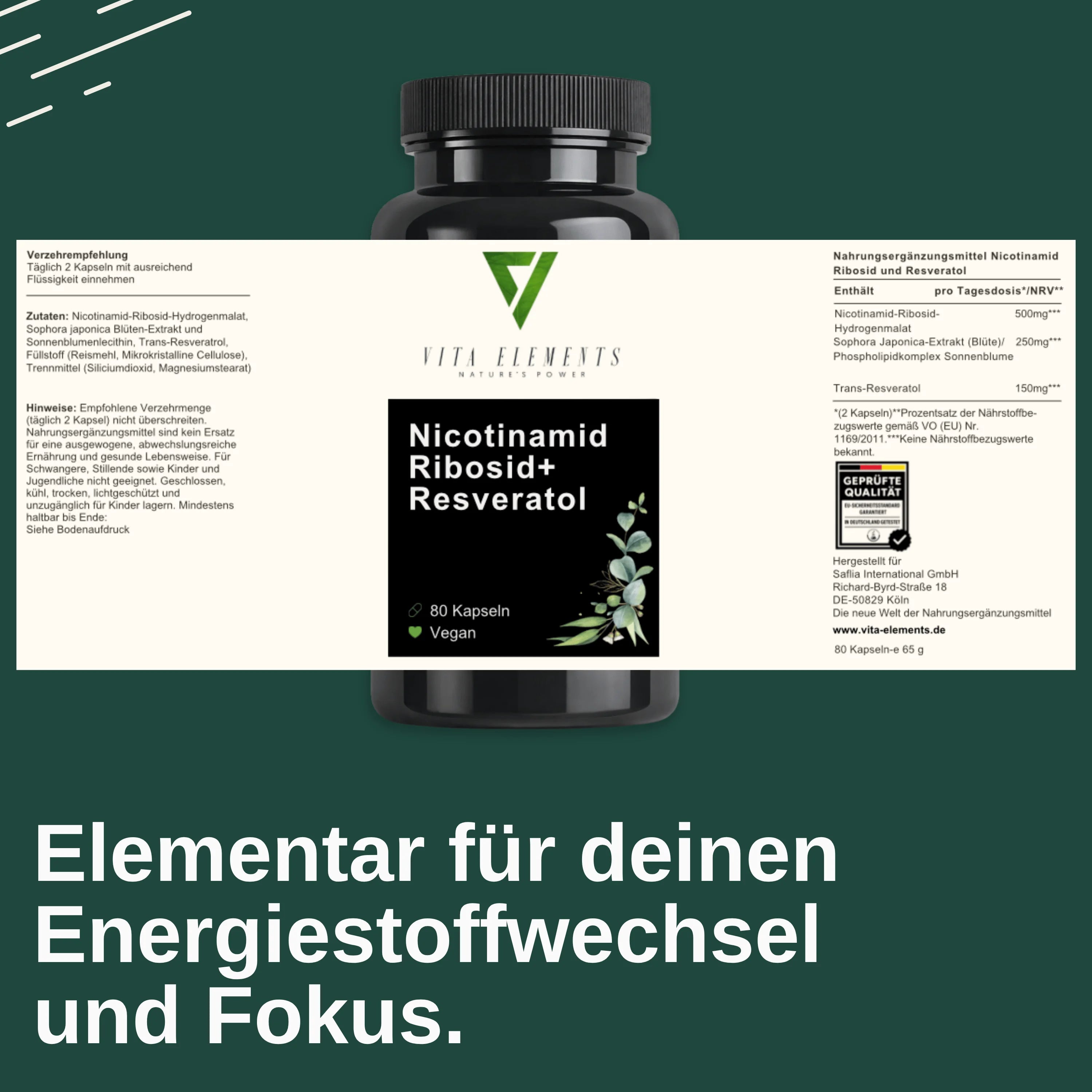 Nicotinamide Riboside NAD+ Capsules | Lab-Tested in Germany | Dietary Supplement | Vegan | No Artificial Additives | Non-GMO | 80 Capsules